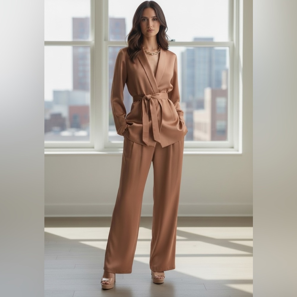 Paige Kadisha Belted Single Breasted Satin Suit Jacket Blazer Camel Brown Small